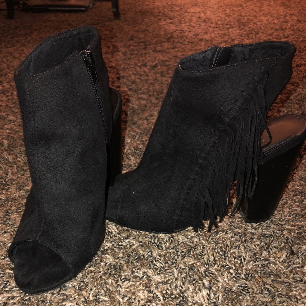 Black Suede Fringe Toeless Block Heels